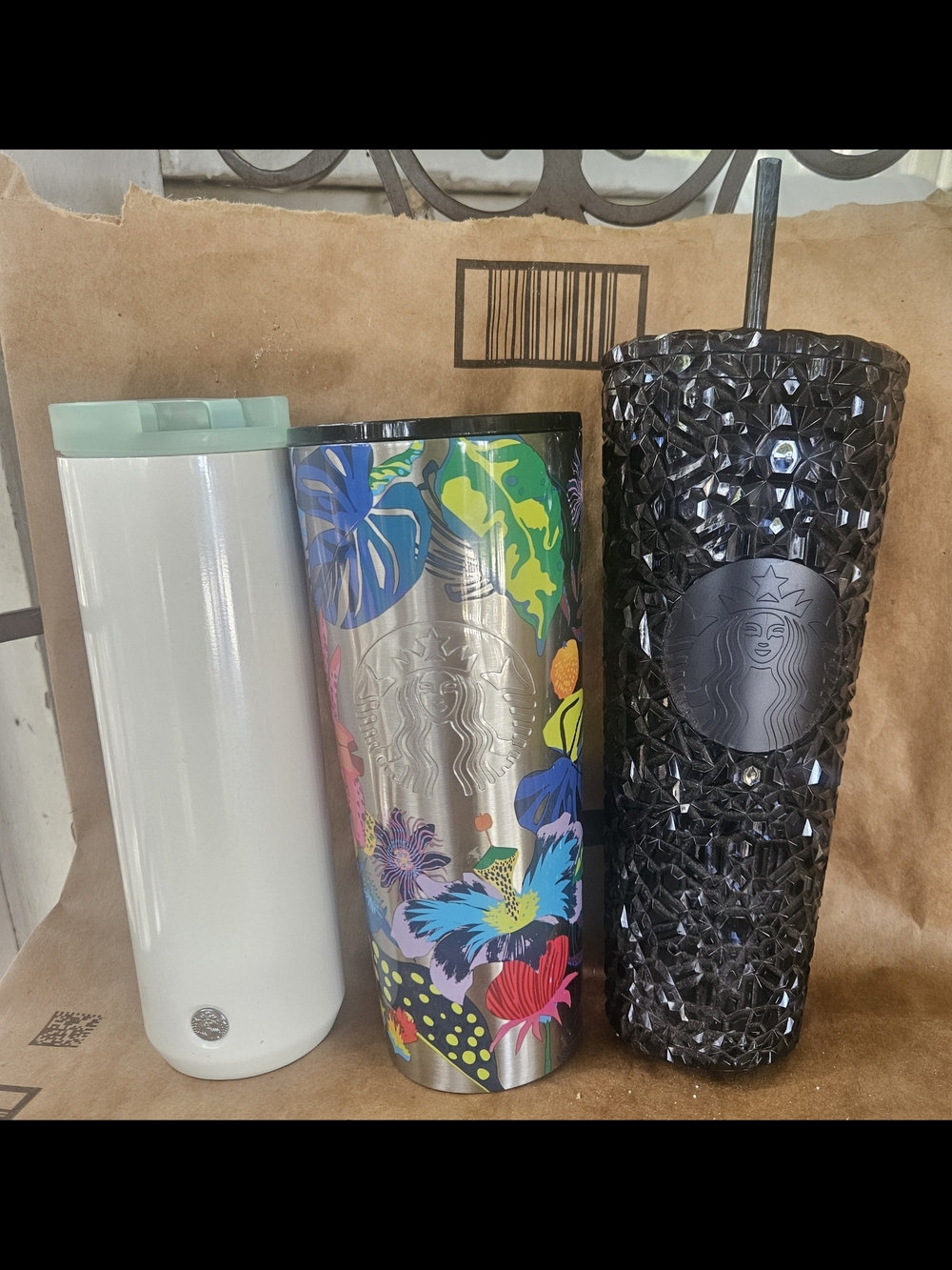 Starbucks Multi-Color Floral Stainless Tumbler with Black Textured Cold Cup